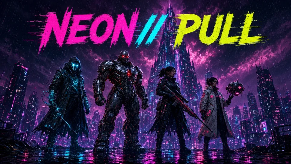 NEON//PULL cover art: four cyberpunk crew members in front of a neon megacity